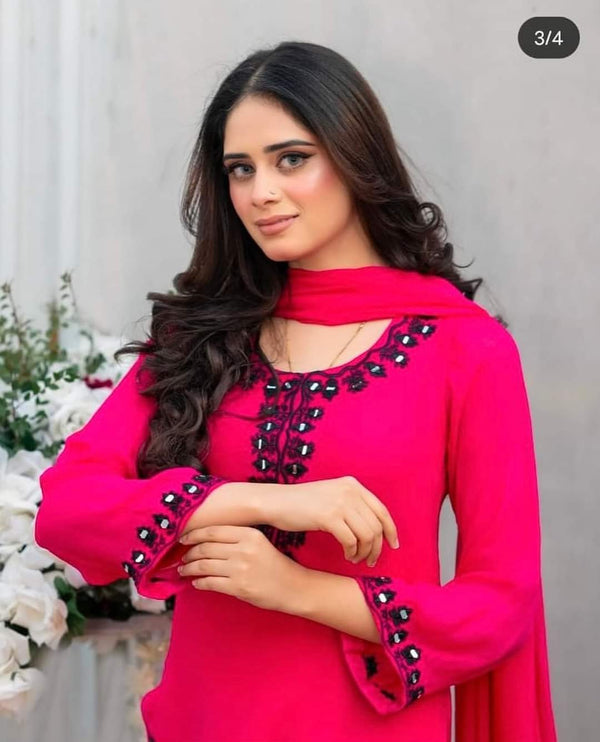 Hot Pink Chiffon 3-Piece Suit with Mirror Embroidery