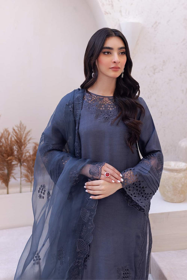 Elegant Grey Raw Silk Ensemble with Thread Embroidery